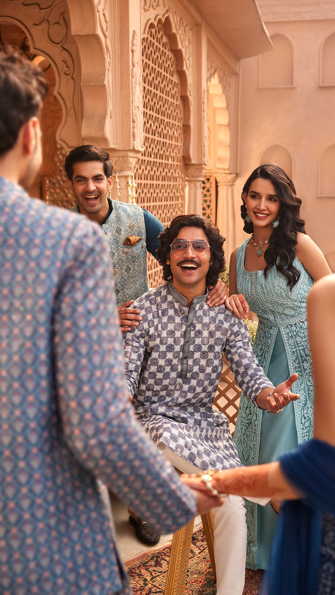 Mens enjyoing in wedding wearing silk and cotton kurta pajama